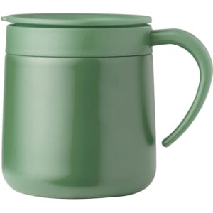 A drink bottle in green with a handle and a fitted lid, featuring a simple design and a branding logo.