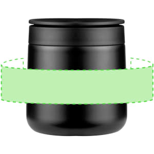 A drink bottle with a sleek black finish and a rounded design, featuring a lid and a branding logo.
