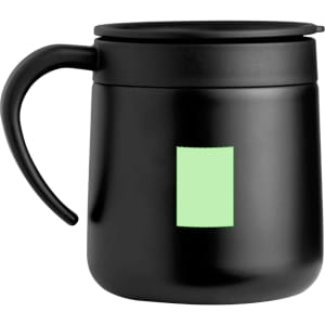 A black insulated travel mug with a green rectangle and a handle. It features a lid and a smooth finish.