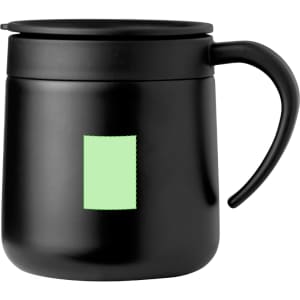 A black insulated mug with a green square logo and a handle, designed for travel.