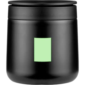 A black insulated travel mug with a mint green rectangular design and a lid.