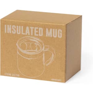 A drink bottle in a cardboard box, featuring an illustration of an insulated mug. The box is plain brown with a logo.