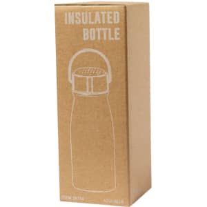 A drink bottle in a cardboard box, featuring an insulated design and a blue colour. The bottle has a carry handle and a logo.