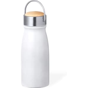 A drink bottle in white with a silver cap and wooden accent, featuring a handle and a sleek design.