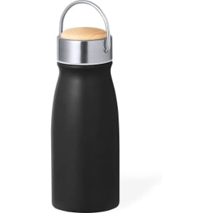 A drink bottle in matte black with a wooden and silver screw-top lid, featuring a handle for easy carrying.