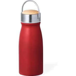 A drink bottle in a matte red finish with a wooden cap and a metal handle, featuring a logo.