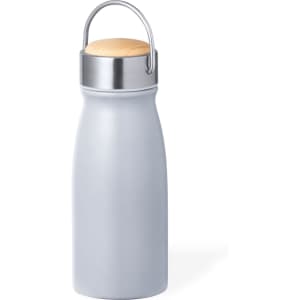 A drink bottle in light grey, featuring a wooden lid and a metal handle, with a branding logo.