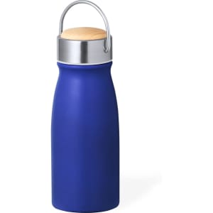 A drink bottle in a deep blue colour with a silver metal cap and wooden accent. Features a sleek, insulated design.