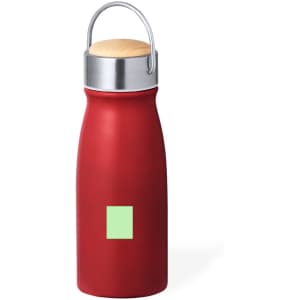 A drink bottle in red with a silver top and wooden lid. It features a small logo on the front.