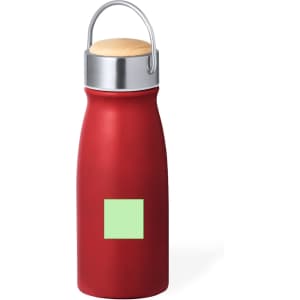 A drink bottle in a vibrant red colour with a stainless steel lid and a wooden accent. It features a logo.