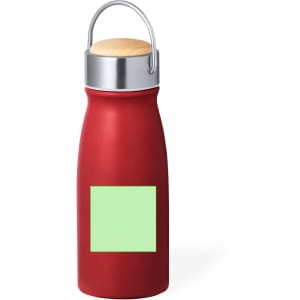 A drink bottle in red with a wooden lid and a silver handle, featuring a blank green area.
