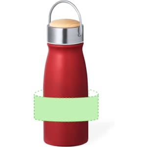 A drink bottle in a rich red hue with a wooden lid and metal accents, featuring a logo.