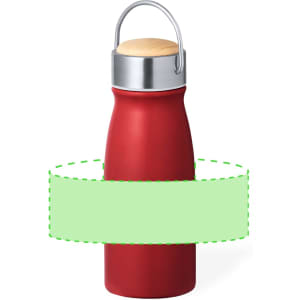 A drink bottle in a red finish with a stainless steel cap and wooden top. Features a logo.