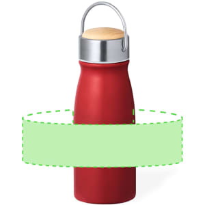 A drink bottle in vibrant red with a bamboo lid and metal accent, featuring a handle and a logo.