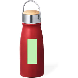 A drink bottle in red with a wooden cap and a metal finish, featuring a logo on the side.