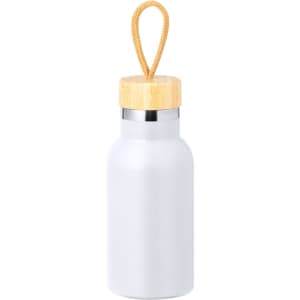 A drink bottle in silver with a bamboo lid and a woven loop for carrying. It features a logo.