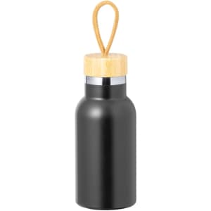 A drink bottle with a matte black finish, metal body, and a bamboo lid featuring a rope handle.