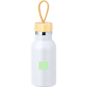 A drink bottle in silver with a bamboo lid and a rope handle, featuring a blank green area.