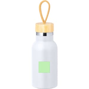 A drink bottle in silver with a bamboo lid and a carrying loop, featuring a blank area for custom branding.