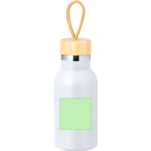 A drink bottle in silver with a bamboo lid and a rope handle, featuring a blank green label area.