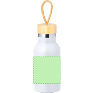 A drink bottle with a silver metallic body, bamboo lid, and a green blank section for customisation.