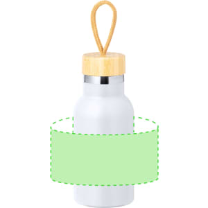 A drink bottle with a silver metal body and a bamboo lid, featuring a looped handle.