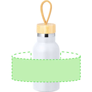 A drink bottle with a silver body, a bamboo wood lid, and a convenient rope handle. It features a logo.