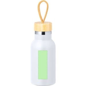 A drink bottle in grey with a bamboo lid and a hanging strap, featuring a green label area.