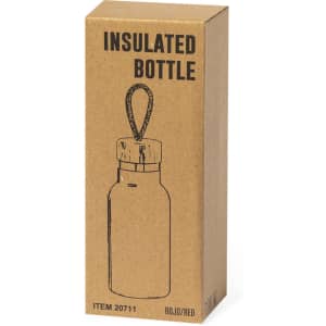 A drink bottle in a cardboard box featuring a red design and a logo. It is labelled as an insulated bottle.