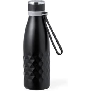 A drink bottle in a sleek black design with a textured diamond pattern and a silver top. It features a carrying strap and a logo.