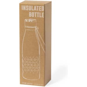 A drink bottle in a brown box featuring an illustration and a logo, showcasing a sleek insulated design.