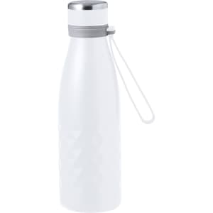 A drink bottle in white with a silver top and a carrying strap, featuring a diamond pattern.