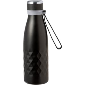 A drink bottle in black with a textured surface, featuring a silver lid and a carrying strap.