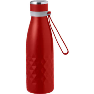 A drink bottle in vibrant red with a diamond pattern, featuring a silver top and a carrying strap.