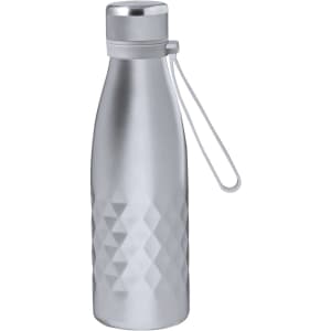 A drink bottle featuring a sleek silver design with a textured surface and a detachable strap. It has a logo.