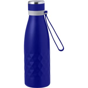 A drink bottle in vibrant blue with a textured design, featuring a silver cap and a convenient carrying strap.