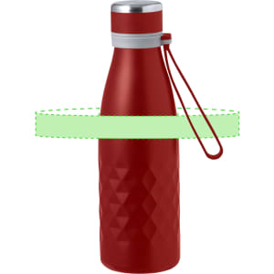 A drink bottle in a striking red colour with a textured design and a metal lid, featuring a branding label.