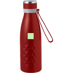 A drink bottle in a glossy red finish with a geometric design and a silver cap, featuring a logo.