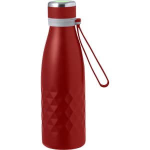 A drink bottle in a vibrant red colour with a textured diamond pattern and silver lid. It features a detachable strap and logo.