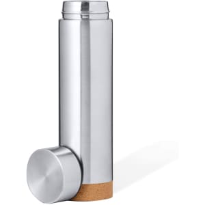 A drink bottle in a sleek silver finish with a cork stopper, featuring a cylindrical design and a branding logo.