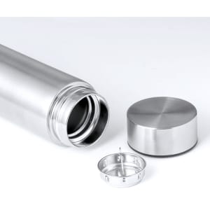 A drink bottle featuring a stainless steel finish, with a removable cap and lid displayed beside it.