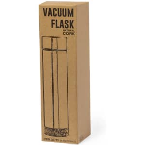 A drink bottle in a light colour with a natural cork lid, presented in a cardboard box with a logo.
