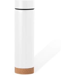 A drink bottle with a sleek white body and a natural cork base, featuring a simple design and a logo.