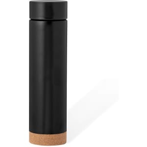 A drink bottle with a sleek black body and cork bottom. It features a simple design and has a logo.