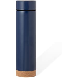 A drink bottle in dark navy with a cork base and a sleek, cylindrical design. It features a logo.