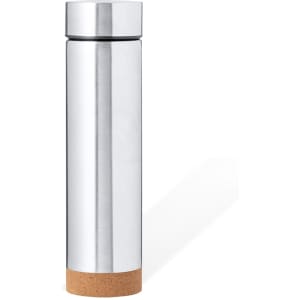 A drink bottle with a sleek silver body and a cork base, featuring a simple logo.