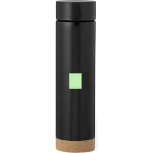 A drink bottle featuring a black body, cork base, and a small green square logo.
