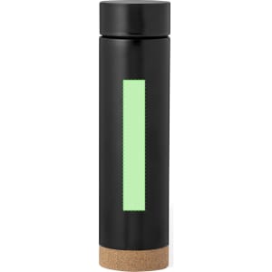 A drink bottle featuring a sleek black design with a glowing green accent and a cork base, also has a logo.