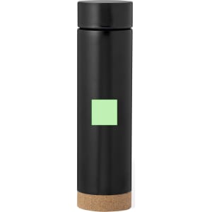 A drink bottle in matte black with a cork base and a mint green square design. It features a simple logo.