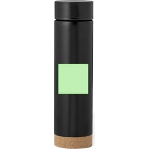 A drink bottle with a sleek black body and cork base, featuring a blank area for customisation.